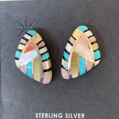 Navajo Mother of Pearl & Onyx Inlay Post Stud Earrings | Sterling Silver | Authentic Native American Handmade | 3746