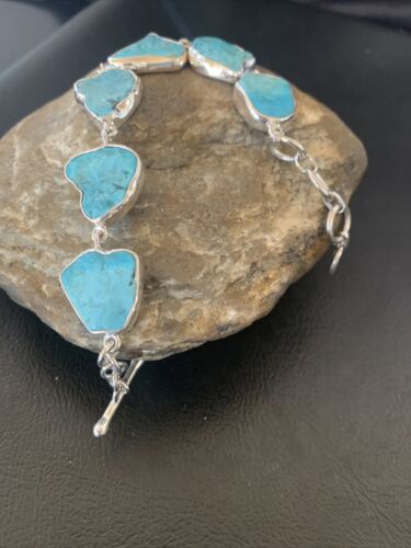 Navajo Blue Kingman Turquoise Link Bracelet | Sterling Silver | 8" | Authentic Native American Handmade | 11647