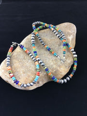 Native American Multi-Color Turquoise Necklace & Bracelet Set | Sterling Silver | 22" | Navajo Handmade | 10039