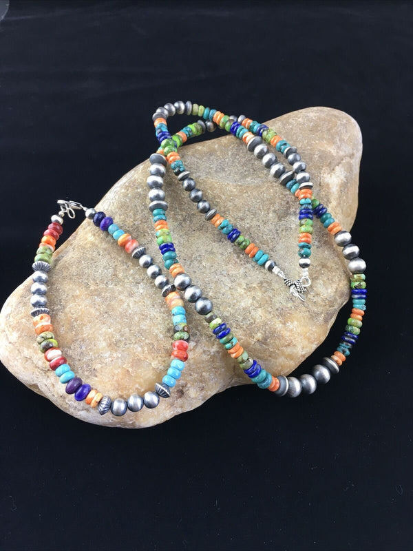 Native American Multi-Color Turquoise Necklace & Bracelet Set | Sterling Silver | 22" | Navajo Handmade | 10039