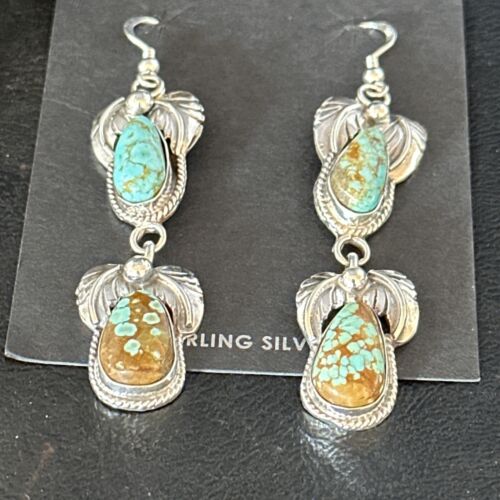Navajo Blue #8 Turquoise Dangle Earrings | Sterling Silver | Authentic Native American Handmade | 14343