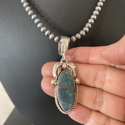 Men's Navajo Sterling Silver Beads Necklace | Denim Lapis Pendant | 2" | Authentic Native American Handmade | 1211