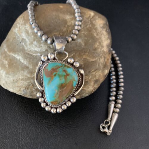 Men's Navajo Green Blue Turquoise Pendant Necklace | Sterling Silver | Authentic Native American Handmade | 13663