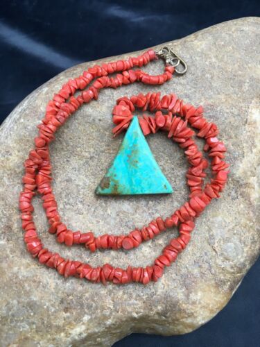 Native American Kingman Turquoise and Coral Pendant Necklace | Brass | Old Pawn | 19" | 4029