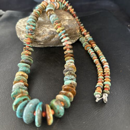 Navajo Turquoise & Red Spiny Oyster Graduated Necklace | Sterling Silver | Authentic Native American | 32" | 14380