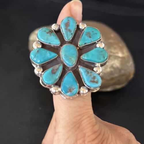 Navajo Blue Turquoise Cluster Ring | Authentic Native American Sterling Silver | Multi-Stone | Sz 7 | 14728