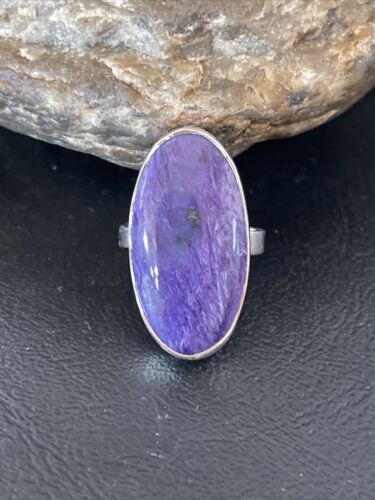 Navajo Women's Oval Purple Charoite Ring | Sterling Silver | Sz 8 Adjustable | Authentic Native American Handmade | 10566