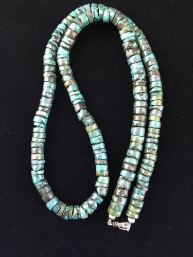 Native American Green Turquoise Heishi Necklace | Sterling Silver | 26" | 13901