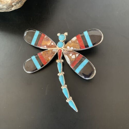 Zuni Wild Horse Turquoise Inlay Dragonfly Pin Pendant | Sterling Silver | 2077