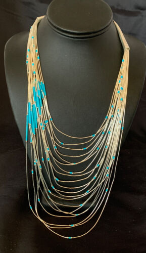 Turquoise Liquid Silver Heishi Necklace | 20 Strand Sterling Tube Pendant | Native American Handmade | 12296