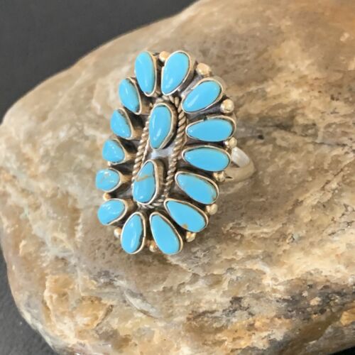 Navajo Blue Cluster Turquoise Needlepoint Ring | Authentic Native American Sterling Silver | Multi-Stone | Sz 8 | 11941