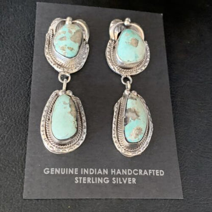 Navajo Blue Dry Creek Turquoise Post Dangle Earrings | Sterling Silver | Authentic Native American Handmade | 13880
