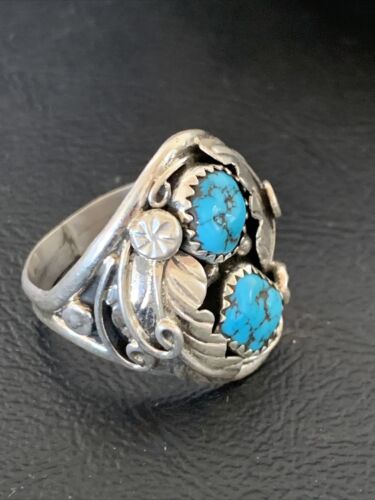 Navajo Blue Kingman Turquoise Feather Ring | Authentic Native American Sterling Silver | Multi-Stone | Sz 11.5 | 12220