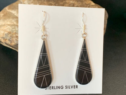 Navajo Black Onyx Inlay Dangle Drop Earrings | Sterling Silver | 1.5" | 12312 - Masha USA
