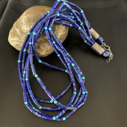 Women's Men's Sterling Silver Blue Denim Lapis Turquoise Necklace | 5 Strand | 22" | 13405