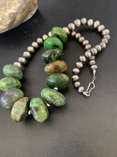 Navajo Chunky Graduated Green Turquoise Necklace | Sterling Silver | Authentic Native American | 18" | 11767