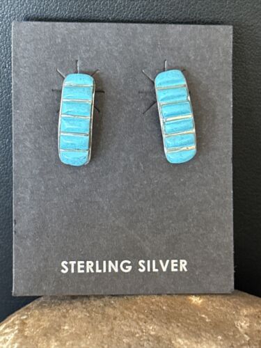 Navajo Blue Turquoise Inlay Earrings | Sterling Silver | 1" | Authentic Native American Handmade | 14777