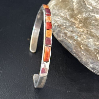 Purple Red Orange Spiny Oyster Inlay Cuff Bracelet | Navajo Sterling Silver | Handmade Jewelry 14393
