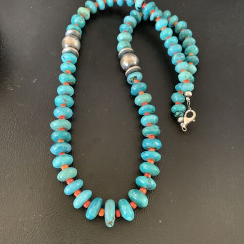 Navajo Natural Turquoise and Spiny Oyster Necklace | Sterling Silver | 25" | Authentic Native American Handmade | 13235