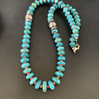 Navajo Natural Turquoise and Spiny Oyster Necklace | Sterling Silver | 25" | Authentic Native American Handmade | 13235