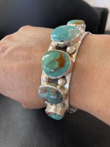 Men's Navajo Blue Turquoise Cuff Bracelet | Sterling Silver | 5 Stones | Authentic Native American Handmade | 01886 - Masha USA