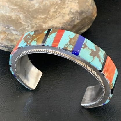 Men's Navajo Turquoise Spiny Lapis Inlay Bracelet | Sterling Silver | Authentic Native American Handmade | 12236