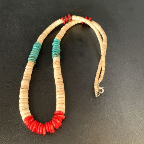 Authentic Native American Santo Domingo Necklace | Red Coral, Blue Turquoise, Onyx, Shell | 22" | 13485