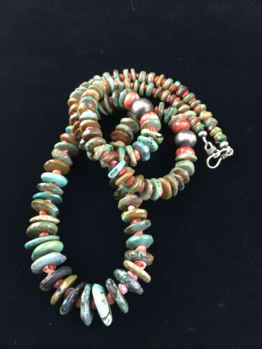 Native American Navajo Green Turquoise Spiny Necklace | Sterling Silver | 28" | 10060