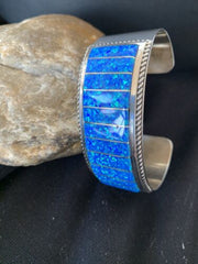 Zuni Blue Faux Opal Inlay Cuff Bracelet | Sterling Silver | Authentic Native American Handmade | 01024
