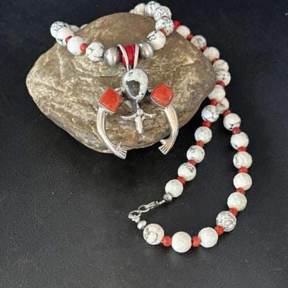 Navajo White Buffalo Turquoise Coral Naja Pendant Necklace | Sterling Silver | 24" | 14687