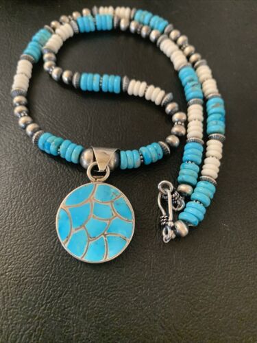Southwestern Zuni Turquoise Necklace | Sterling Silver Inlay Pendant | Authentic Native American Handmade | 2089