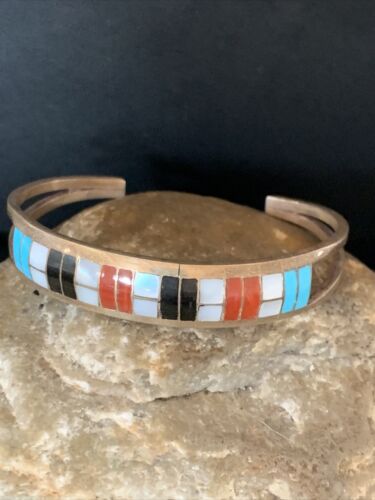 Navajo Sterling Silver Multi-Color Inlay Bracelet | Turquoise | Native American Jewelry | 12919