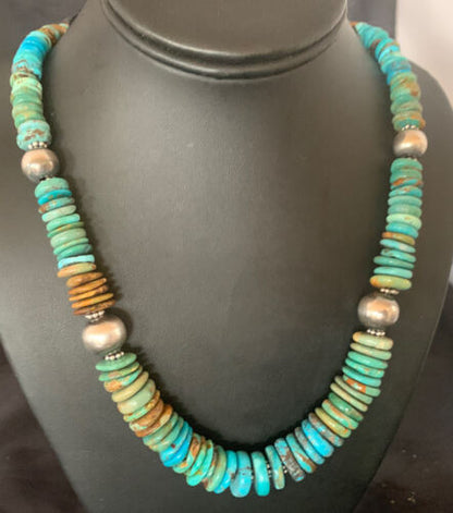Navajo Blue Green Turquoise Necklace | Sterling Silver | Authentic Native American | 22" | Graduated | 11899