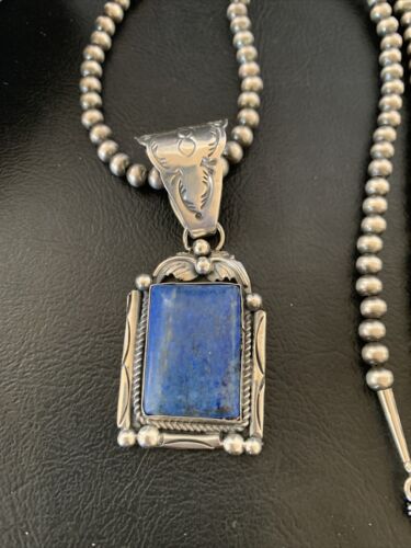 Navajo Denim Lapis Necklace with Pendant | Sterling Silver Pearls | Authentic Native American Handmade | 12438