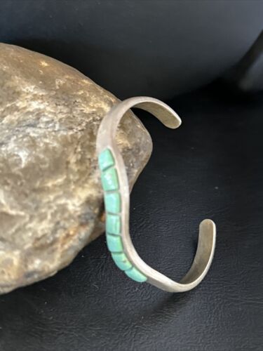 Southwestern Old Pawn Blue Turquoise Inlay Bracelet | Sterling Silver | Authentic Native American Handmade | 14531