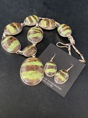 Navajo Green Gaspeite Necklace Choker Earrings Set | Sterling Silver Pendant | 19" | Authentic Native American Handmade | 13794