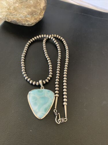 Navajo Blue Larimar Pendant Necklace | Sterling Silver Beads | Authentic Native American Handmade | 1764