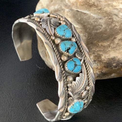 Native American Men's Blue Kingman Turquoise Cuff Bracelet | Sterling Silver | 14135