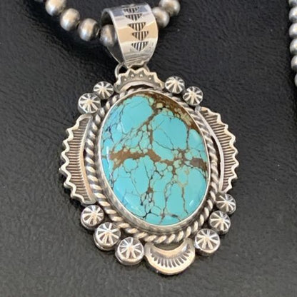 Men's Navajo Pearls Necklace | Sterling Silver | Blue #8 Turquoise Pendant | Authentic Native American Handmade | 10865