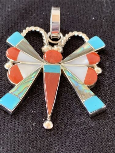 Zuni Turquoise Coral Mother of Pearl Butterfly Necklace Pin Pendant | Sterling Silver Inlay | 1368