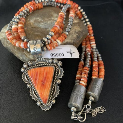 Navajo Red Spiny Oyster Pendant | Sterling Silver | Native American Pearls Necklace | Multi-Strand | 1658