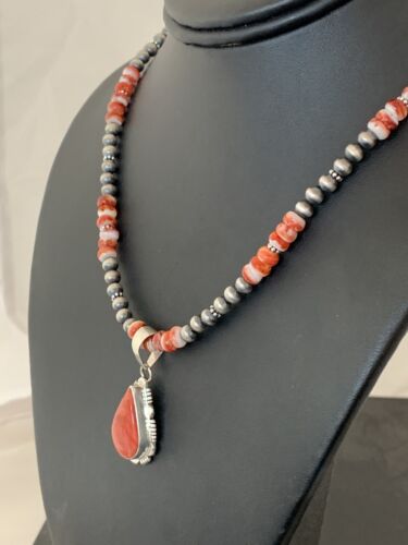 Navajo Red Spiny Oyster Pendant Necklace | Sterling Silver | 20" | Authentic Native American Handmade | 376