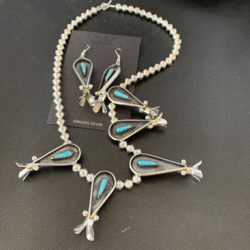 Navajo Squash Blossom Necklace & Earrings Set | Kingman Turquoise | Sterling Silver | Authentic Native American Handmade | 10925