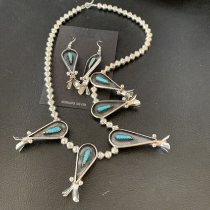 Navajo Squash Blossom Necklace & Earrings Set | Kingman Turquoise | Sterling Silver | Authentic Native American Handmade | 10925
