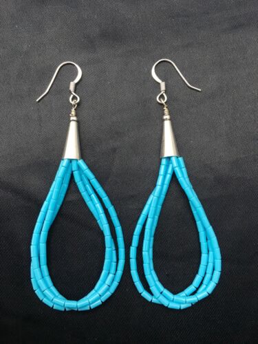 Liquid Silver Heishi Dangle Earrings | Blue Turquoise | Sterling Silver | 3-Strand | 2.5" | 4371