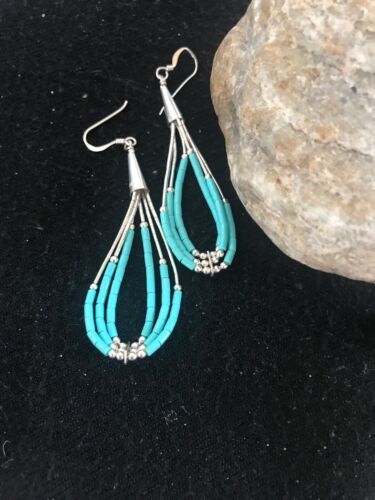 Navajo Sterling Silver Heishi Dangle Turquoise Earrings | 2" | Native American