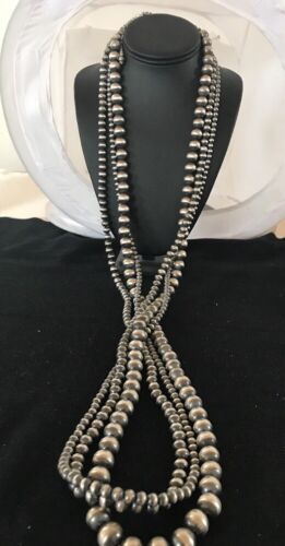 Navajo Pearls Sterling Silver Bead Necklace | 60" 3-Strand | Native American Handmade | 93960