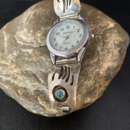 Women's Navajo Sterling Silver Watch Tips with Blue Turquoise | Bear Paw Design | Authentic Native American Jewelry | 13692
