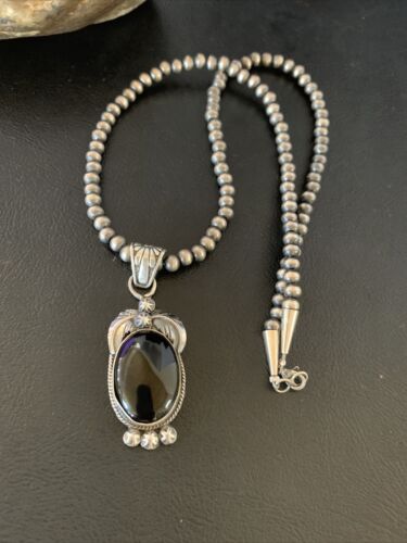 Native American Men's Navajo Pearls Necklace | Sterling Silver Black Onyx Pendant | 13090
