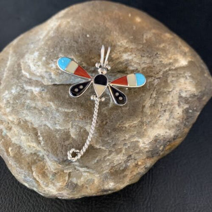Zuni Turquoise Mother of Pearl Inlay Dragonfly Necklace Pin Pendant | Sterling Silver | 12321